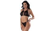 Exposed Lingerie Mesh Sequin Halter Bra, Skirt and Women Thong Set Black - - Bras and Bra Sets